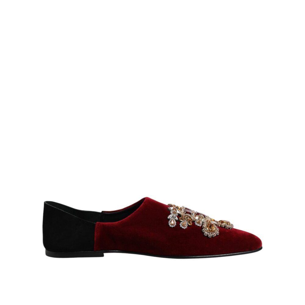 Dolce & Gabbana Dolce & Gabbana Black Red Velvet Embellished Slip On Shoes Size US 12 / EU 45 - 1 Thumbnail