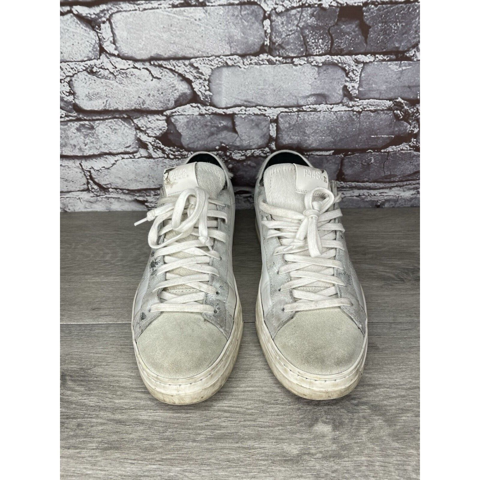 P448 P448 White Leather Gray Suede Silver Glitter Low Top Sneaker Size US 9.5 / IT 39.5 - 17 Thumbnail