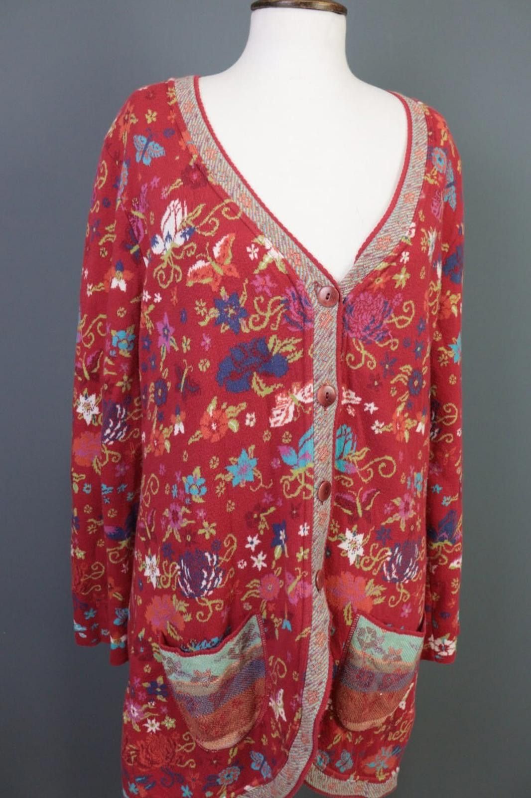 Designer Dunque Red Floral Wool Button Cardigan Sweater Size XL Size XL / US 12-14 / IT 48-50 - 5 Thumbnail