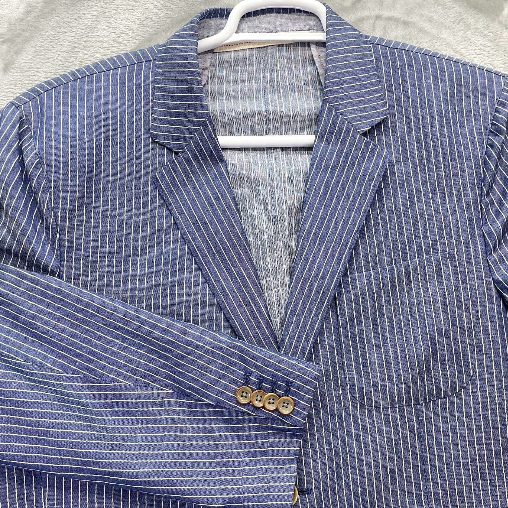 Vintage Scott james Blazer Men Jacket Coat Linen Wool 42L Two-Button Notch Lapel Striped Regular Fit Blue Chest 44 Double-Vented Dry Clean Only Vintage No Size 42R - 2 Thumbnail