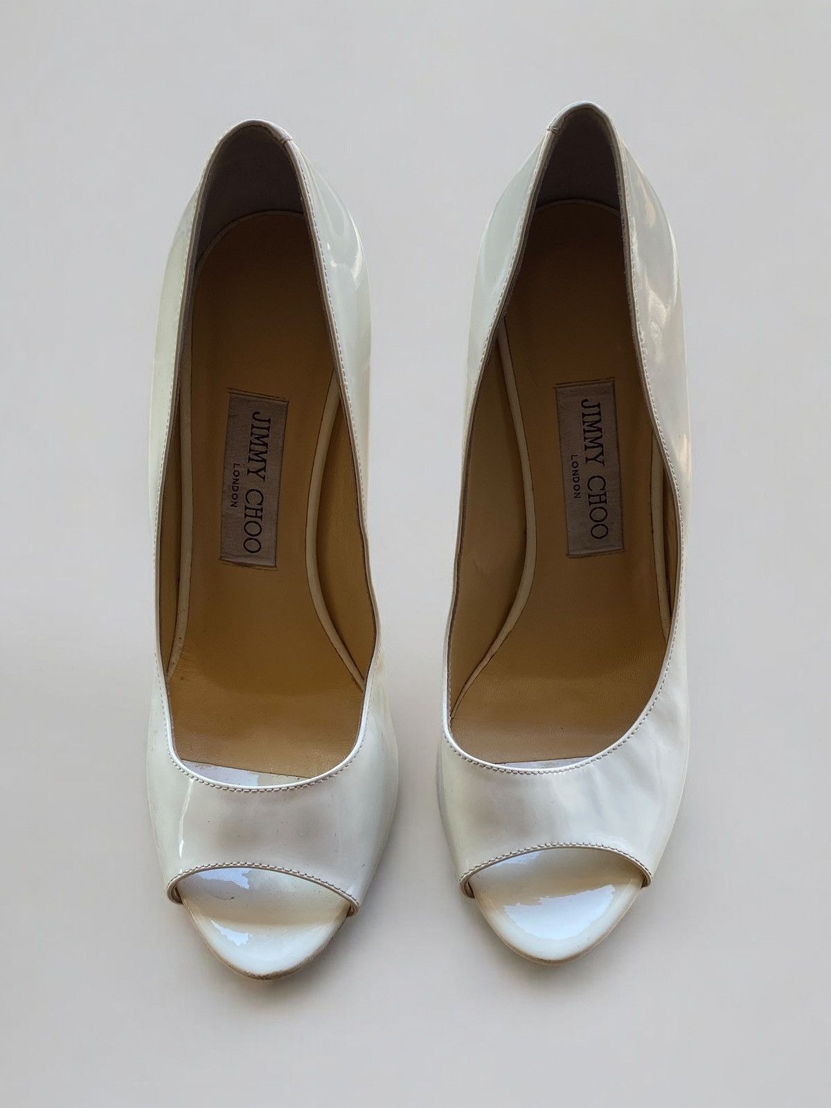 Jimmy Choo Jimmy Choo White Gold Patent Leather Peep Toe Heels Size US 7 / IT 37 - 3 Thumbnail
