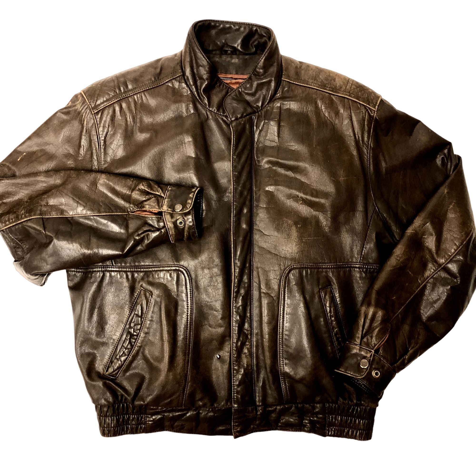 image of 80's Reed Sportswear Distressed Leather Bomber Biker Jacket in Brown, Men's (Size Large)