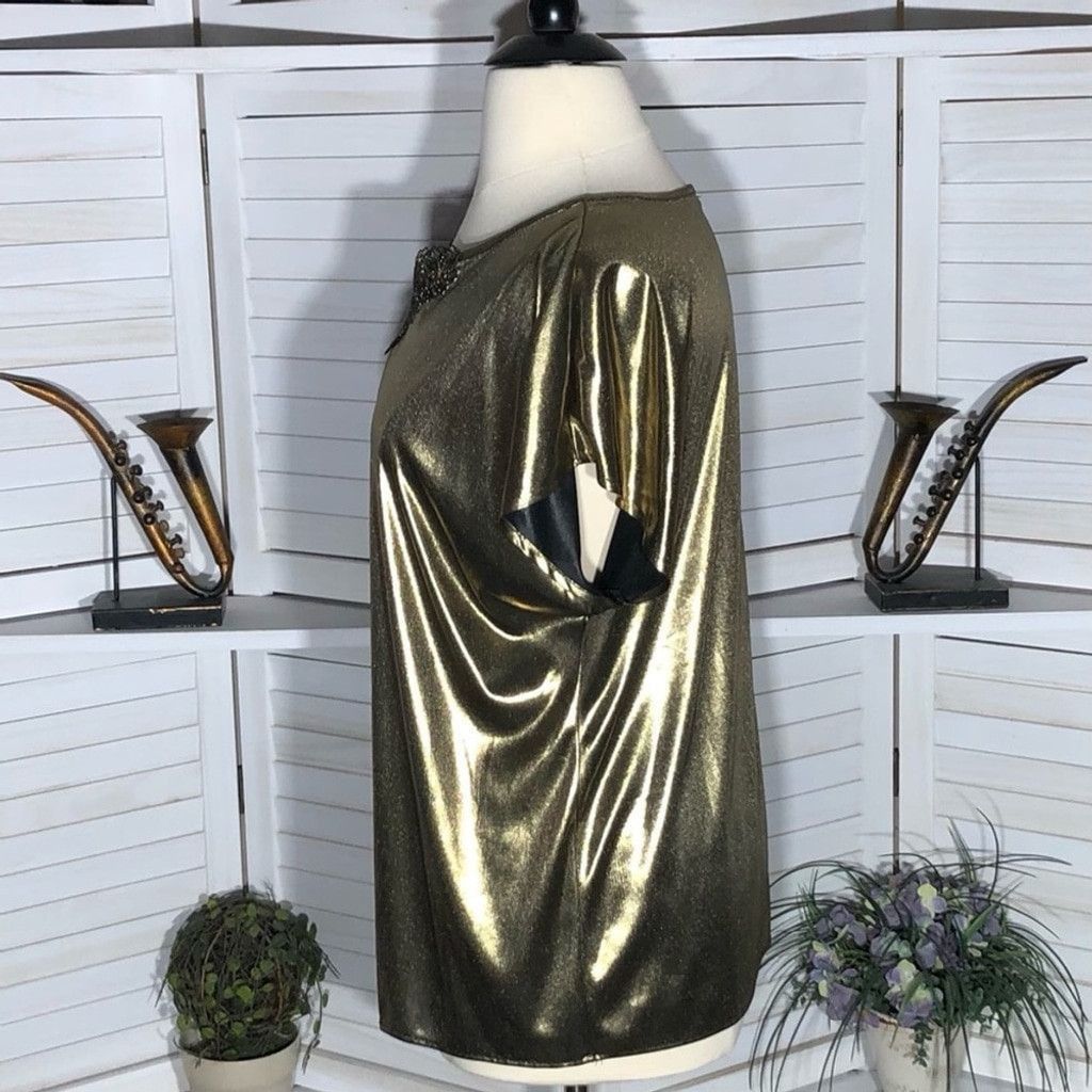 Vintage Blouse Lace Neckline Detail Metallic Shiny Stretch Gold XL Size XL / US 12-14 / IT 48-50 - 4 Thumbnail