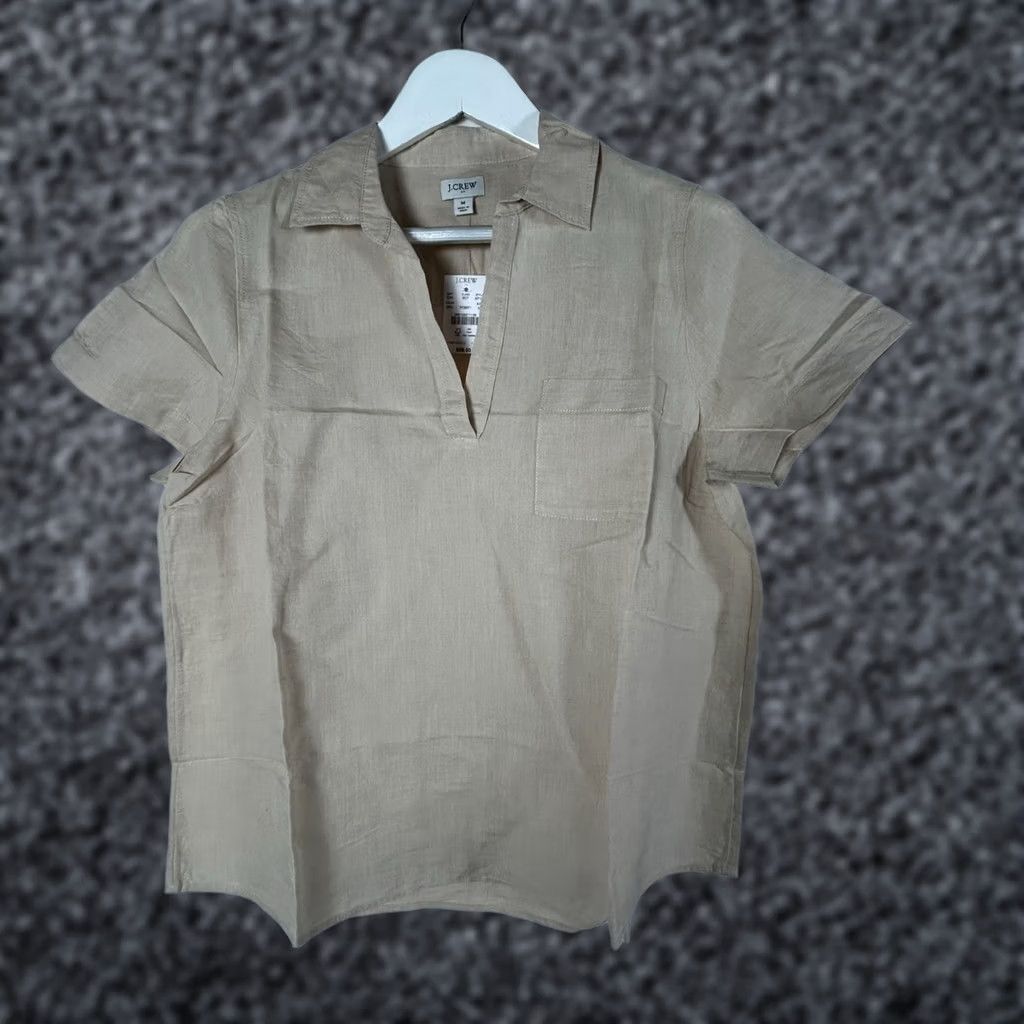 J.Crew J.Crew Beige Linen Blend Short Sleeve Collared Shirt Top M Ladies Shirt Medium Beige Linen Blend Top Size M / US 6-8 / IT 42-44 - 1 Thumbnail