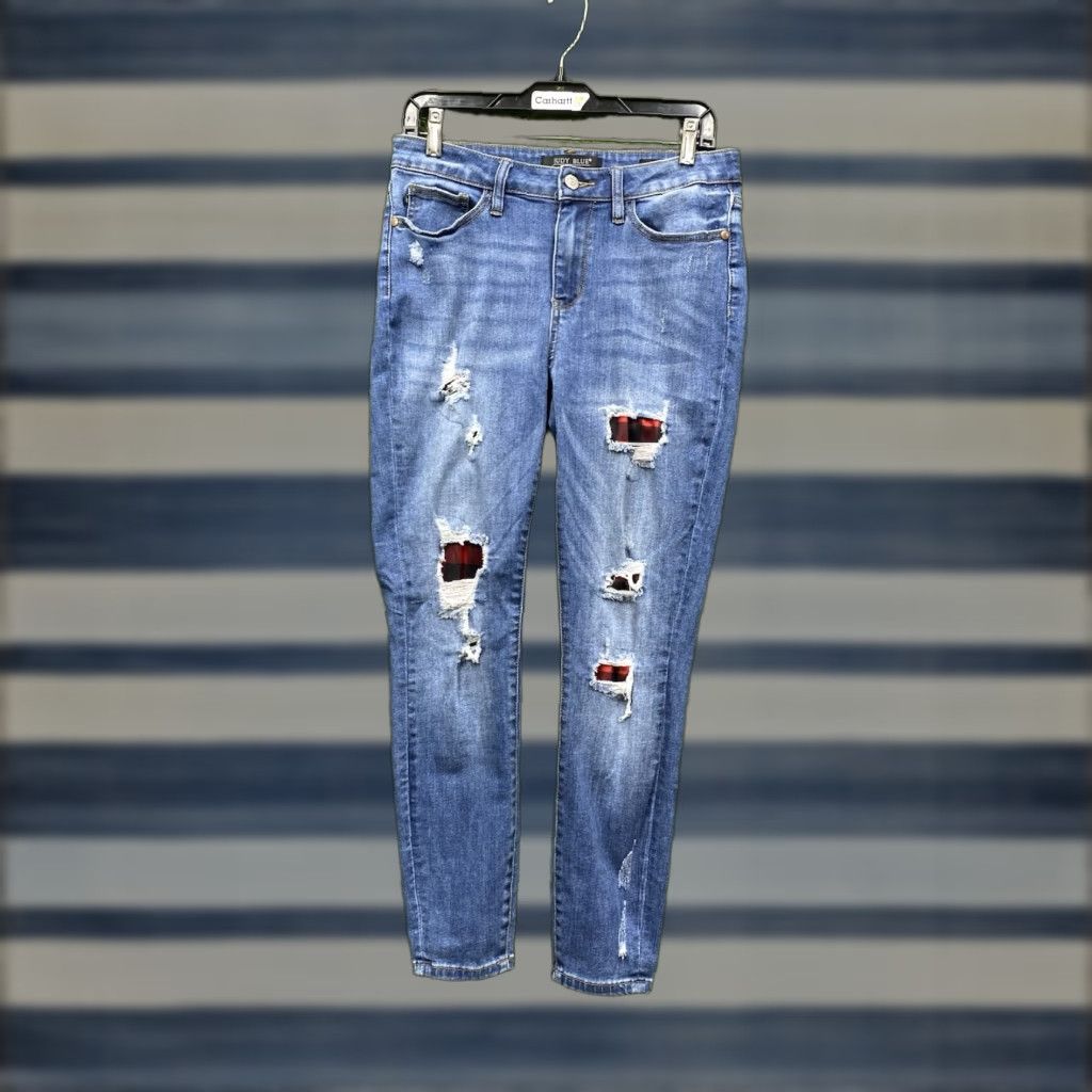 Vintage Judy Blue Jeans Womens Skinny 7/28 Buffalo Plaid Distressed Holes Stretch Denim Blue 28 Inseam 5-Pocket Logo Casual Mens? Size 28" / US 6 / IT 42 - 1 Thumbnail