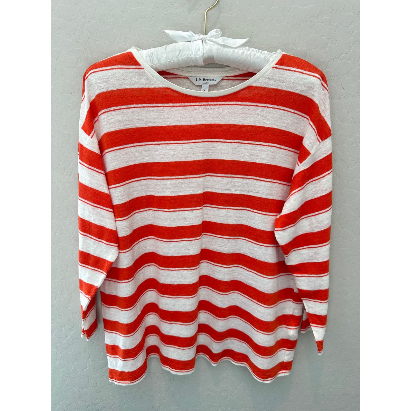 LK Bennett L.K.BENNETT | Orange White Striped Linen 3/4 Sleeve Top Size L / US 10 / IT 46 - 1 Thumbnail