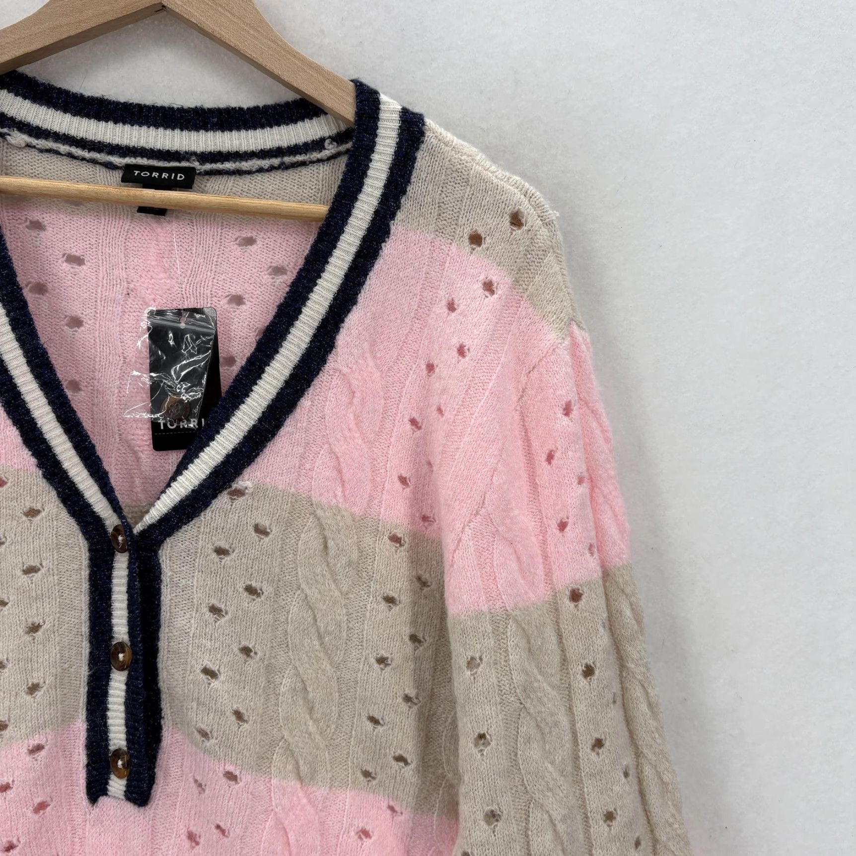 Torrid VINTAGE Torrid Sweater Womens 3X Pink Henley V-Neck Cable Knit Striped Balloon Sleeve Size XXL / US 16-18 / IT 52-54 - 2 Thumbnail