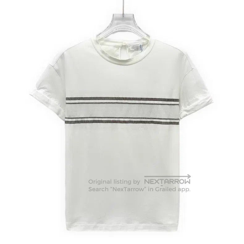 Brunello Cucinelli Brunello Cucinelli White Striped Beaded Cotton Short Sleev Size XS / US 0-2 / IT 36-38 - 1 Thumbnail