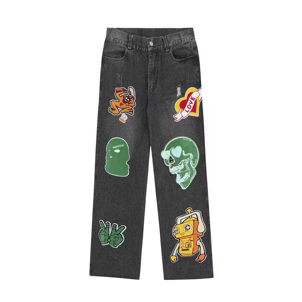 image of Vintage Embroidered Funny Skeleton Head Straight Leg Jeans in Denim, Men's (Size 32)