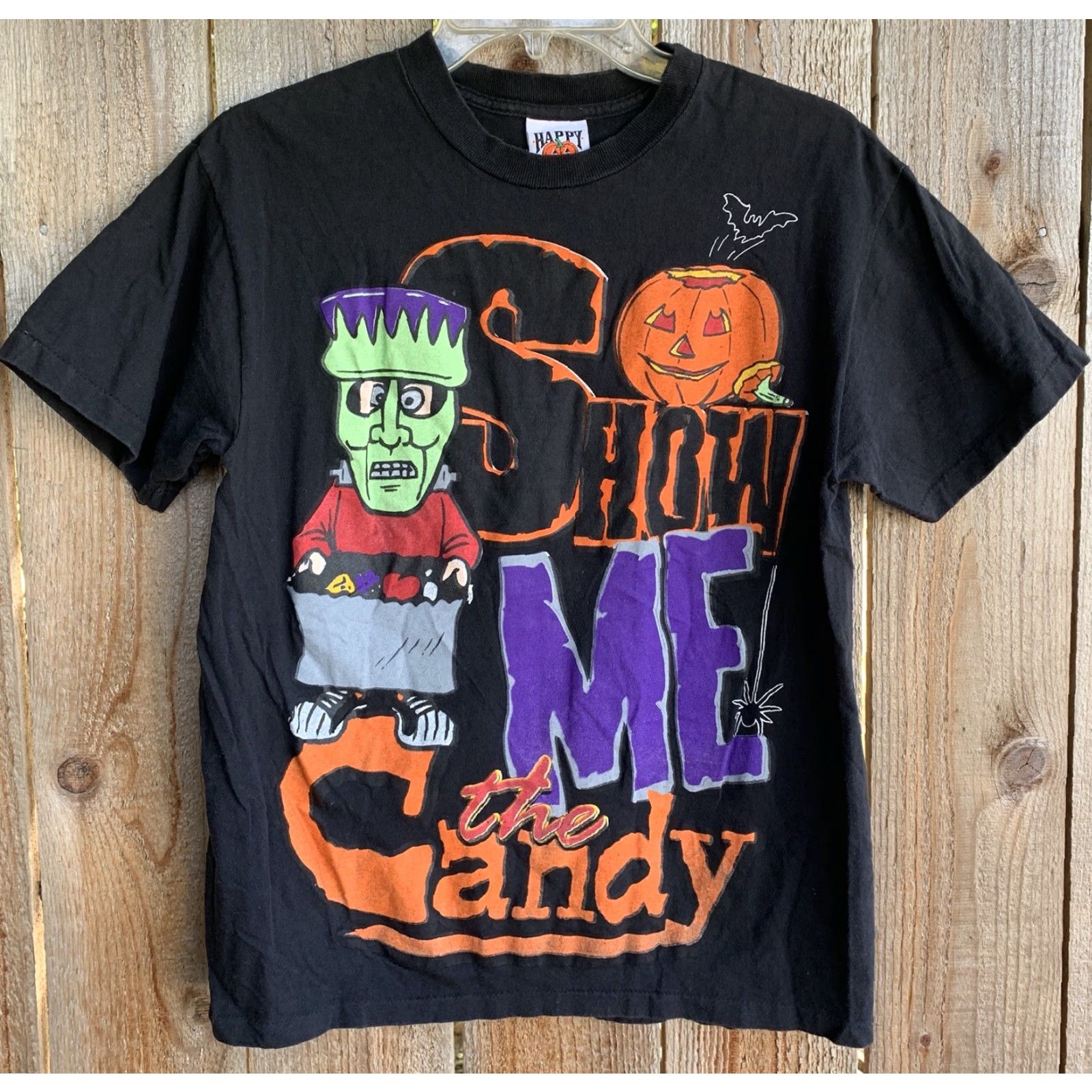 Vintage VINTAGE Happy Halloween Frankenstein T-Shirt Shirt M Black Graphic Print Mens Halloween 90s (Show Me The Candy) Size US M / EU 48-50 / 2 - 6 Thumbnail