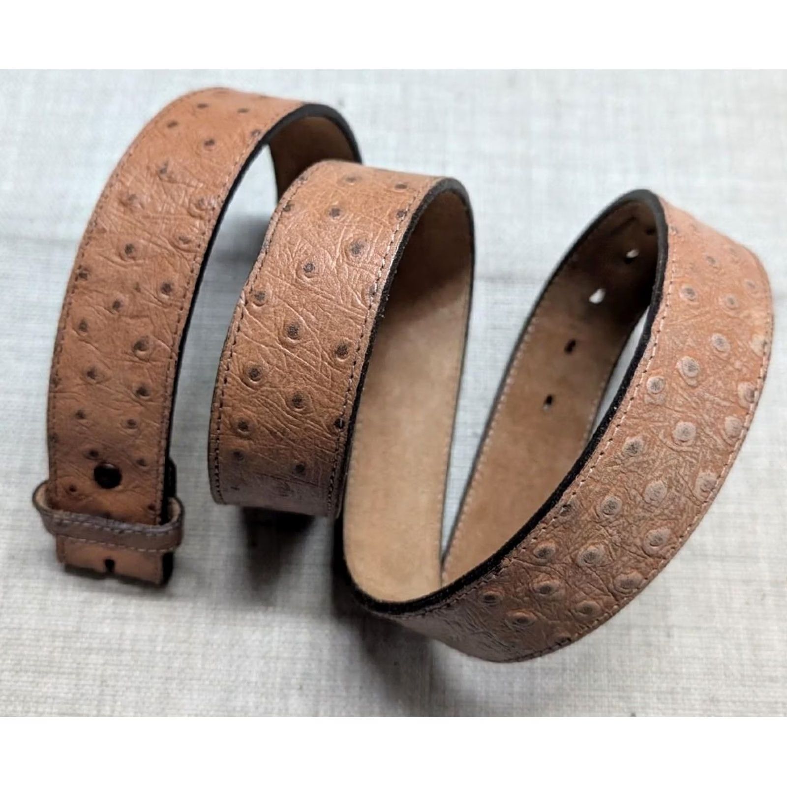 Skin VINTAGE USA made OSTRICH SKIN embossed 38 buckle belt WESTERN brown leather belt Mens 38 Western belt brown ostrich embossed USA made belt Size 38 - 2 Thumbnail