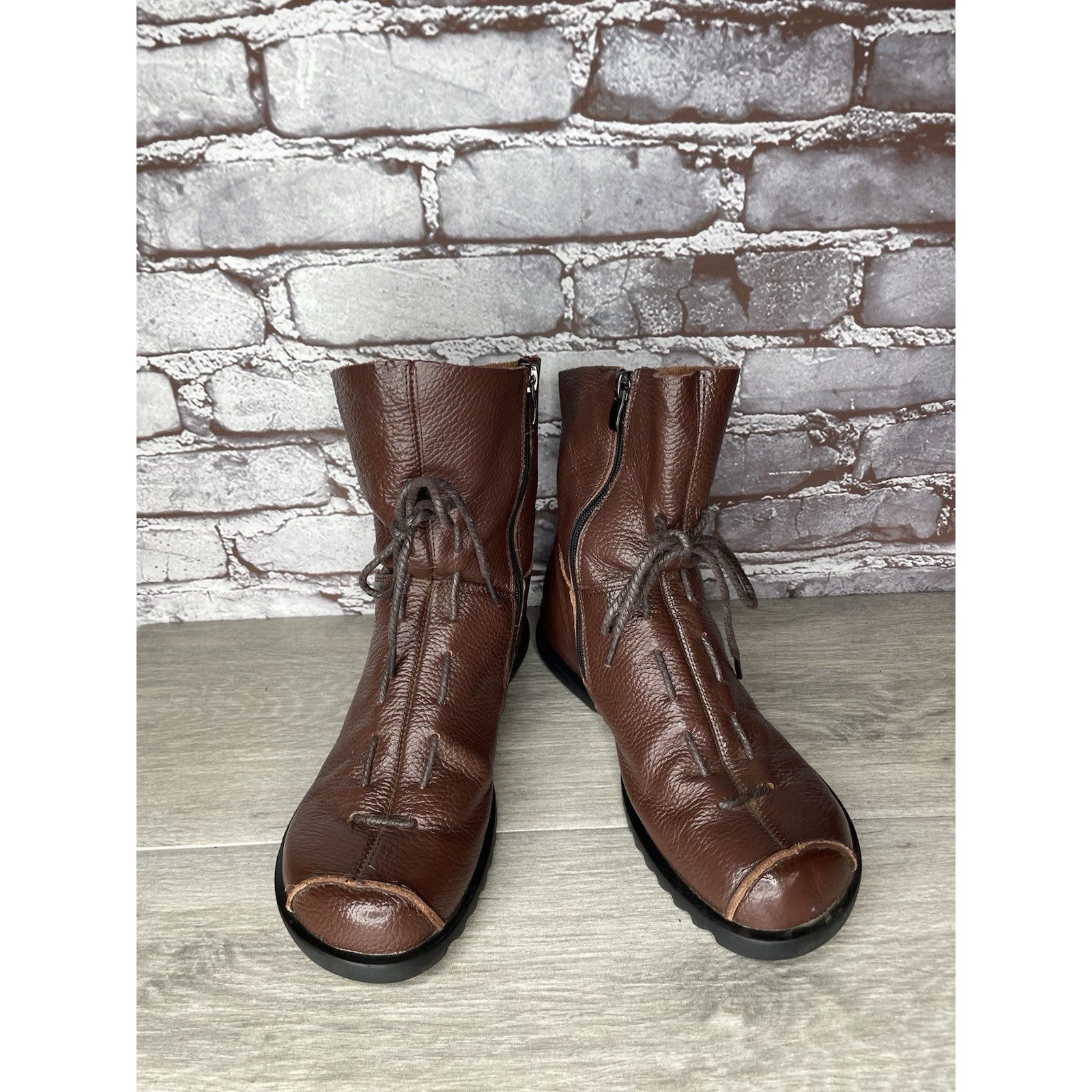 RUIbuilt Hin Rui VTG Brown Leather Ankle Boots Rope Laces Side Zip Wo Size US 8.5 / IT 38.5 - 16 Thumbnail