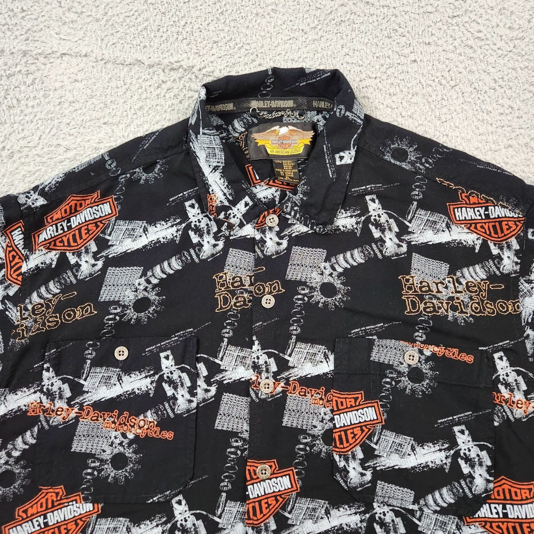 VINTAGE Harley-Davidson Shirt Men XL Black Garage All Over Print Rayon 90s Biker