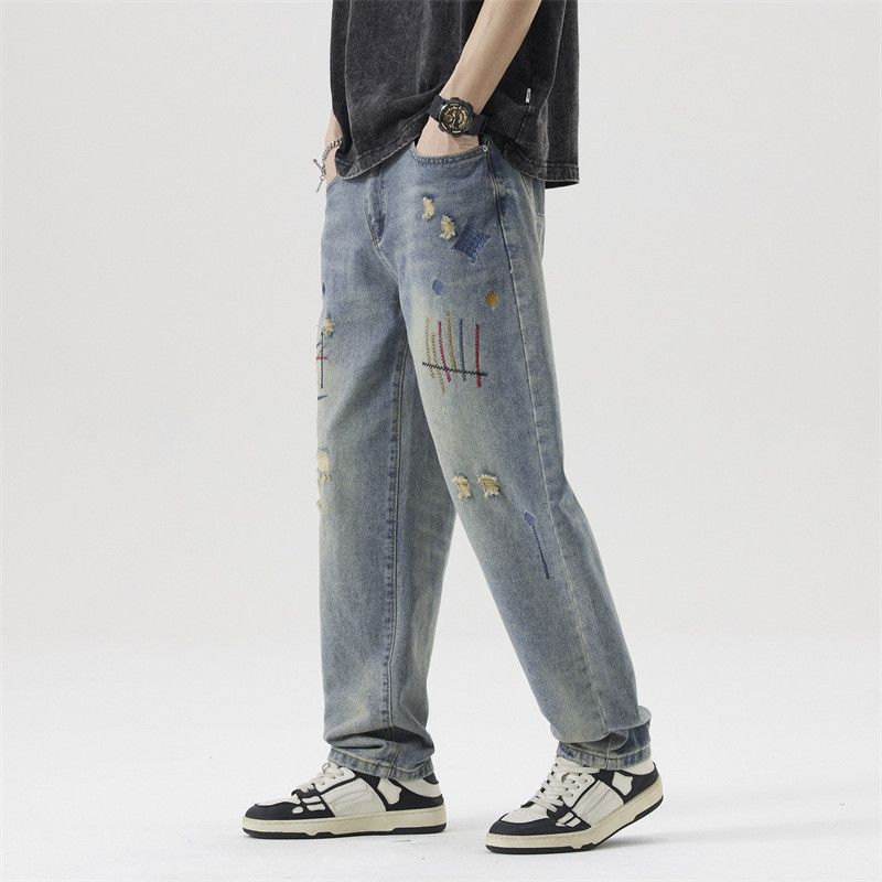 Japanese Brand Japanese retro embroidery ripped straight jeans y2k Size US 32 / EU 48 - 3 Thumbnail