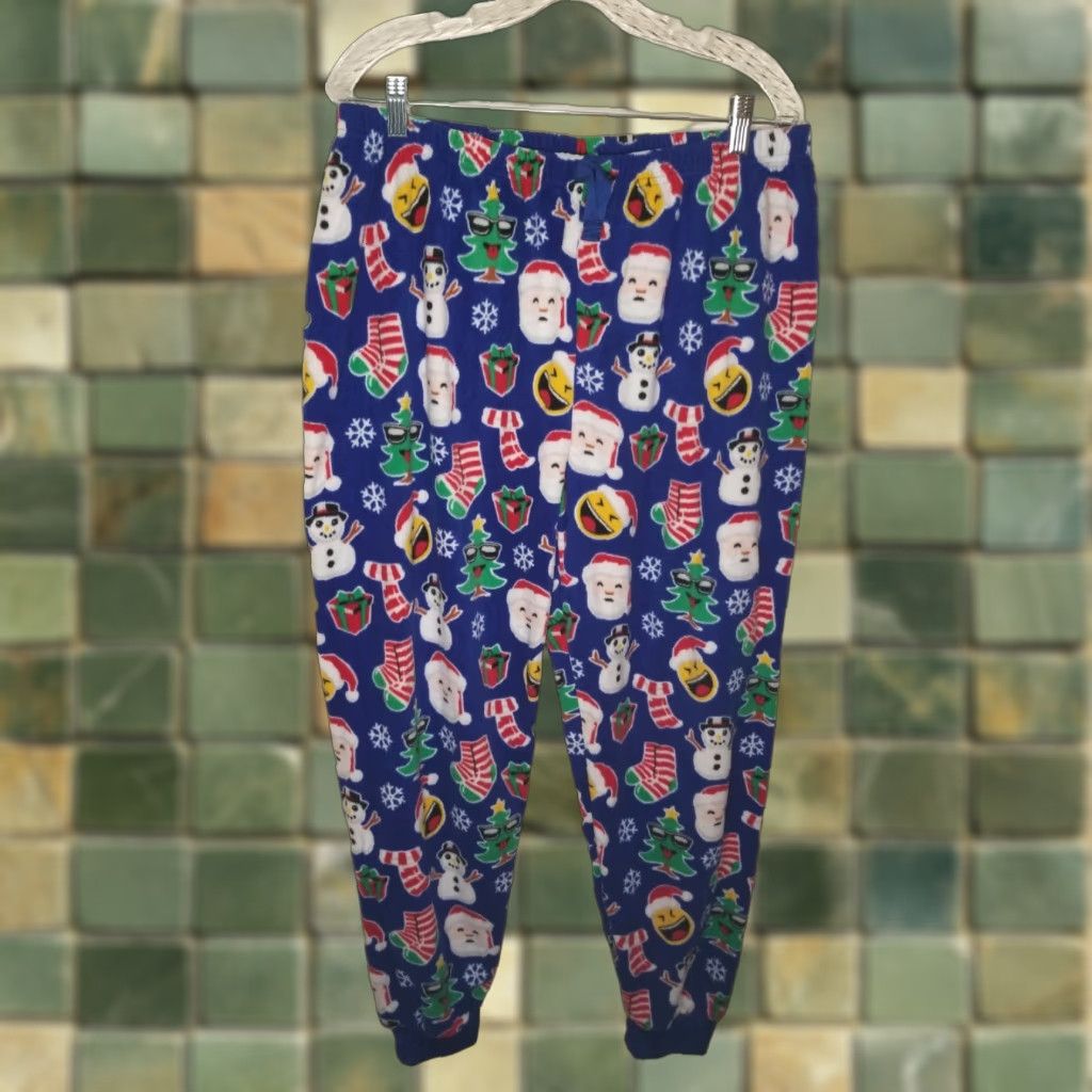 Vintage PLACE Christmas Pajama Pants Women's XL Blue Santa Trees Presents Snowmen Size 40" / US 18 - 1 Thumbnail
