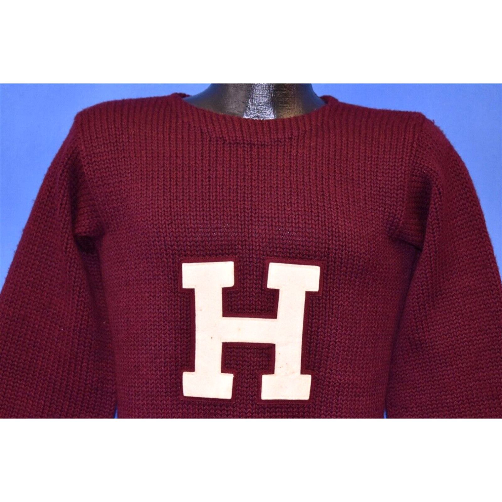 image of Vintage VTG 40S Harvard H Hanson Boatneck Shaker Varsity Maroon Pullover Wool Sweater Xs in White