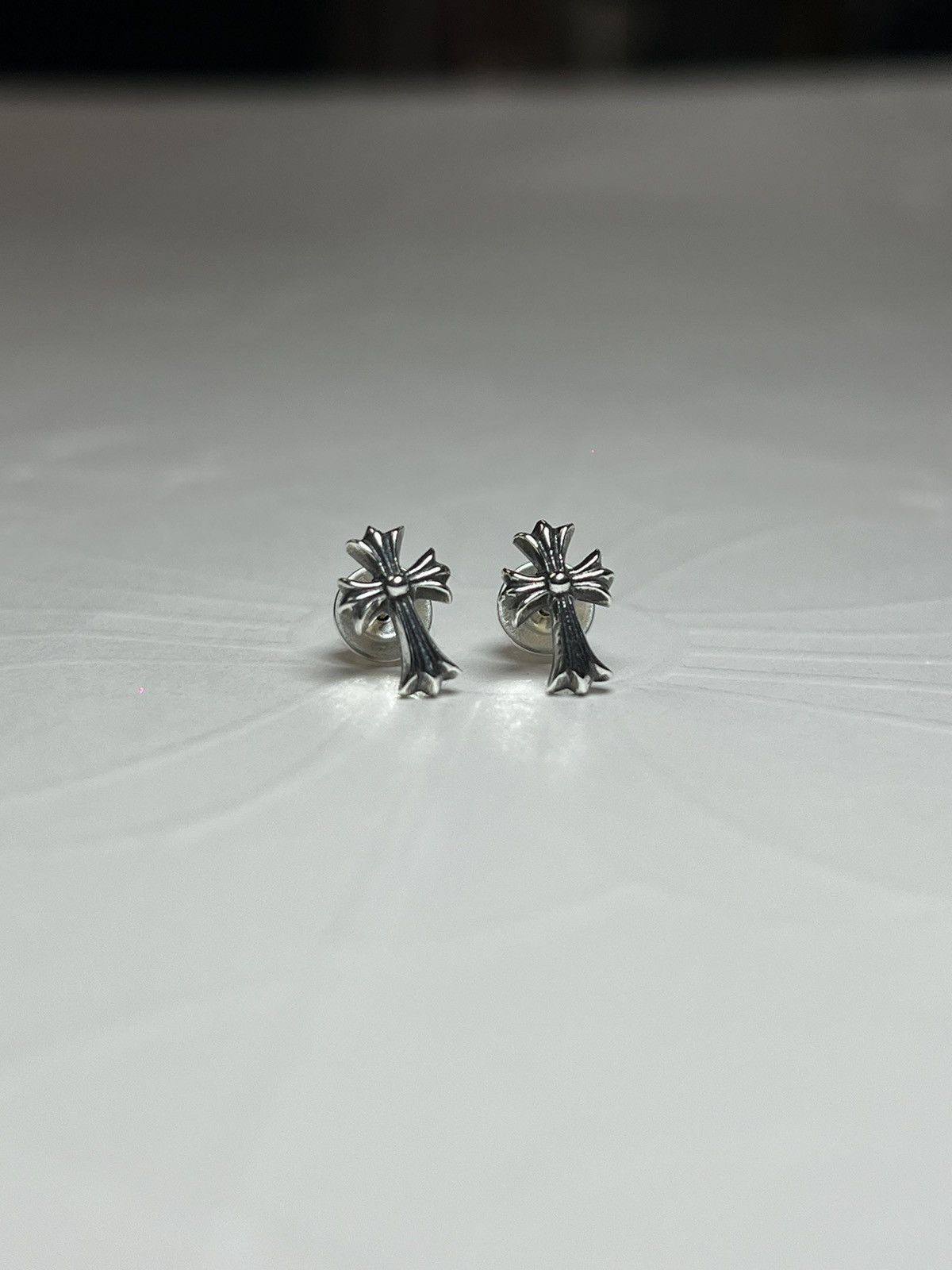 Pre-owned Chrome Hearts Cross Stud Earrings In Silver