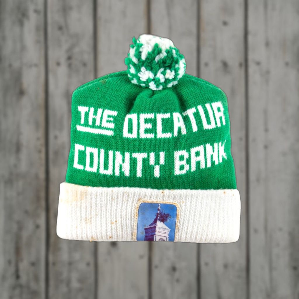 Vintage VINTAGE The Decatur County Bank Pom Pom Beanie Hat Womens/Adult Regular Size 9x8 Stain Spots Pom Pom Beanie Size ONE SIZE - 1 Thumbnail