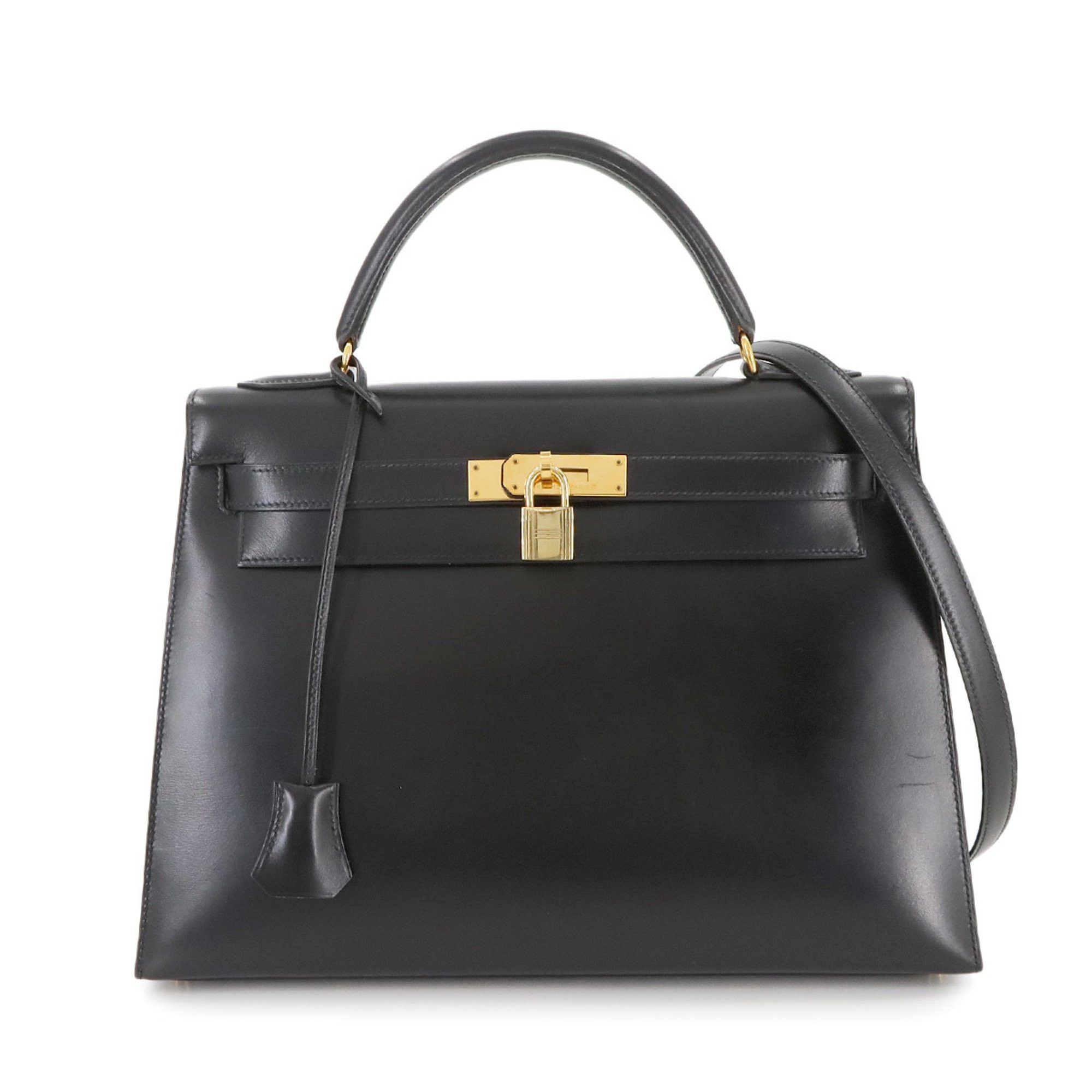 Hermes Kelly 32 2Way Hand Shoulder Bag, Box Calf, Black, Outside Stitching, Y Stamp, Made In 1995, Gold Hardware, Women's