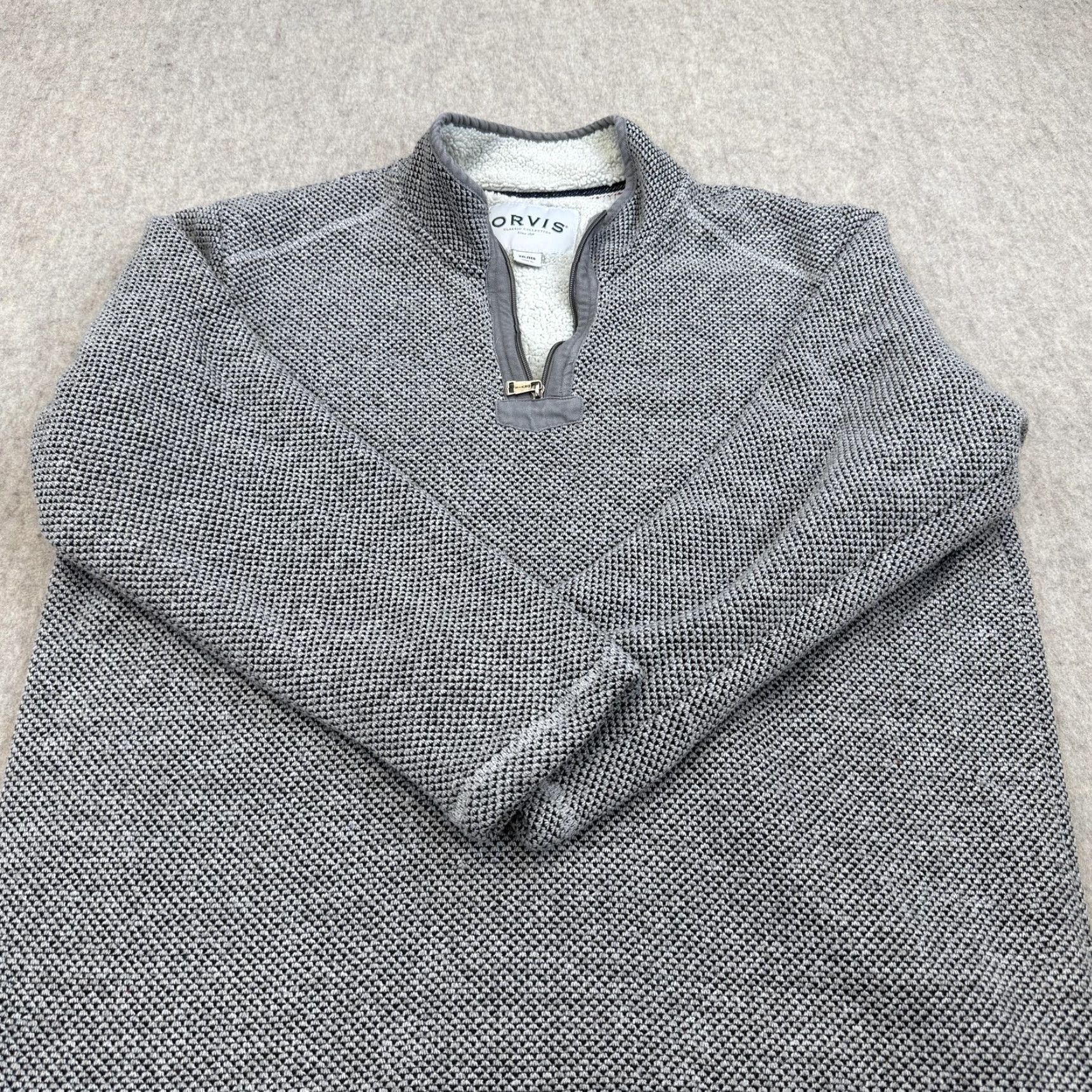 Orvis Orvis Mens Sweater 2XL Gray Mock Neck 1/4 Zip Heavyweight Knit Geometric Quarter Zip Lined Pullover Size US XXL / EU 58 / 5 - 6 Thumbnail