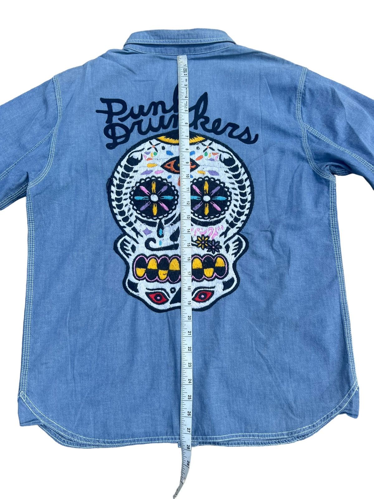 Vintage Punk Drunkers Japan Embroidery Satanic Skull Denim Shirt Size US L / EU 52-54 / 3 - 5 Thumbnail