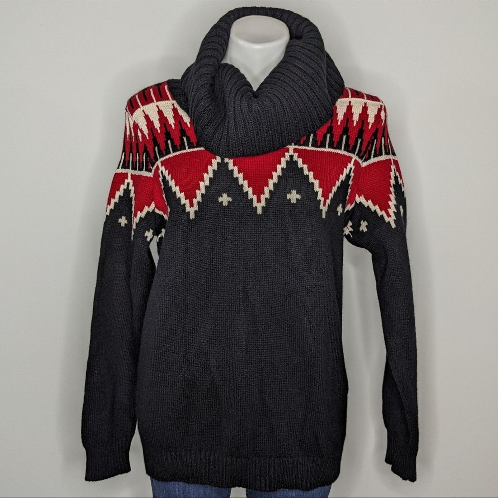 LRL Ralph Lauren black red geometric mock neck sweater