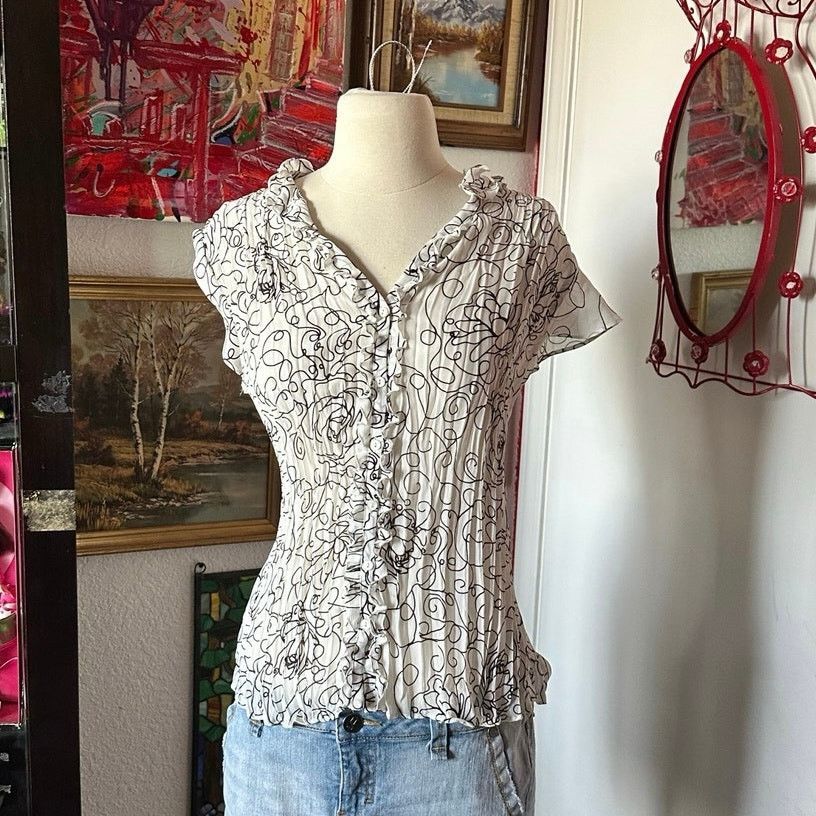 Worthington worthington black white button up blouse floral shirt Size L / US 10 / IT 46 - 1 Thumbnail