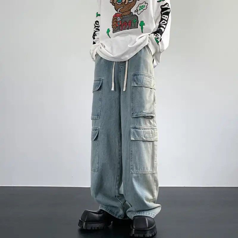 image of Distressed Denim Lite Blue Washed Casual Lace-Up Pocket Trouser Pant, Men's (Size 31)
