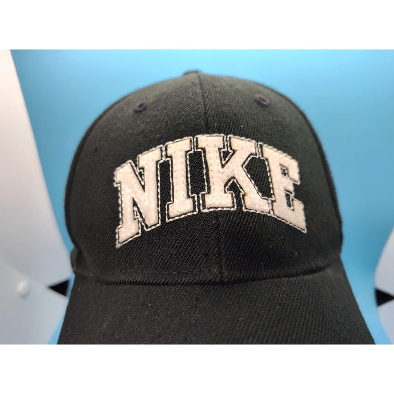Nike VINTAGE Nike Hat Cap Adjust Baseball Black White Strap Back Wool Blend 2000s Retro Logo Mens Adjustable Size ONE SIZE - 3 Thumbnail