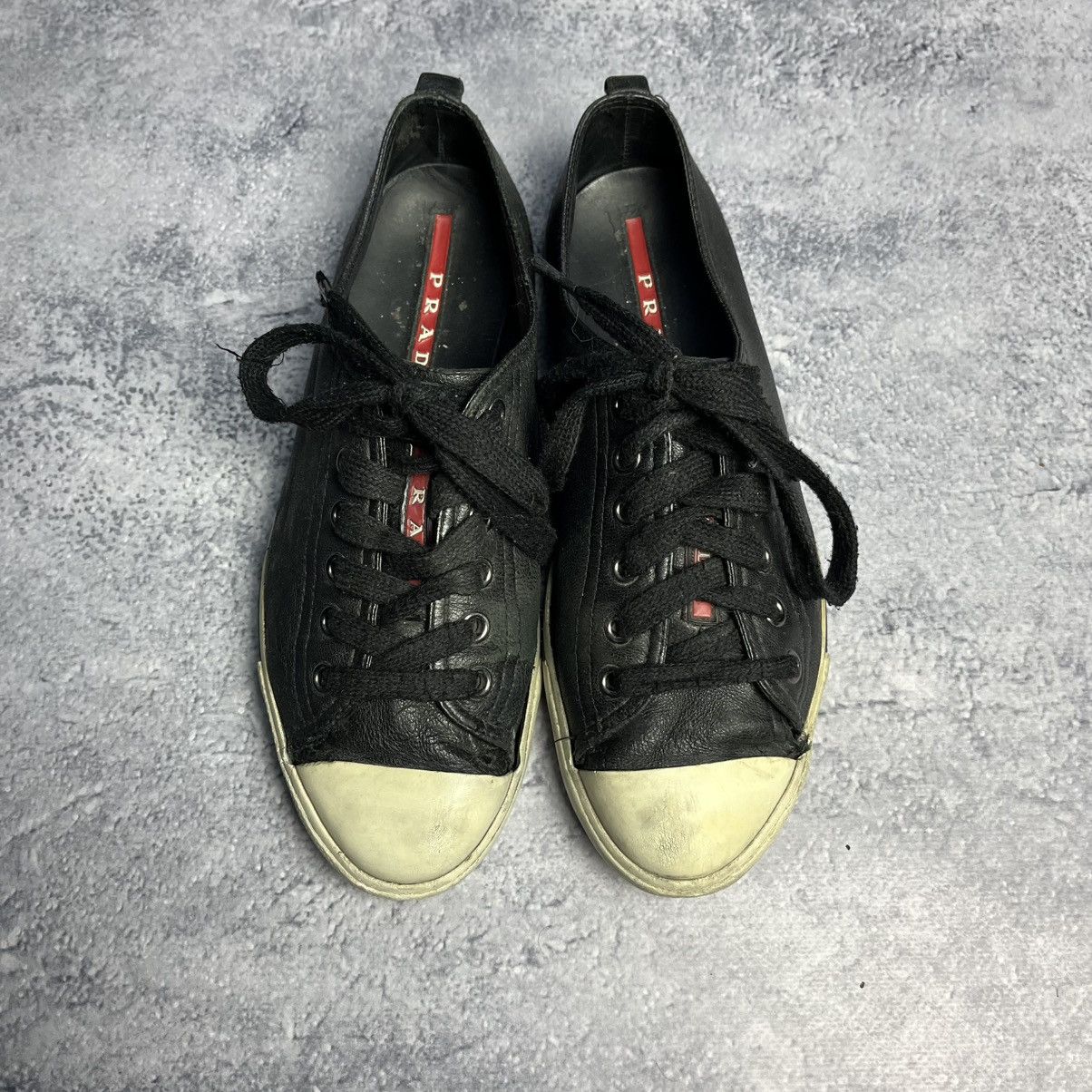 Prada Vintage Prada Distressed Leather Low Top Red Tab Sneakers Size US 7 / IT 37 - 2 Thumbnail