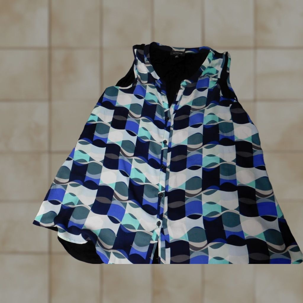 Vintage Spense Womens Blouse M Blue Geometric Round Neck Sleeveless Button Pullover Casual Polyester Down Regular Fit Basic Shirt Womens Size M / US 6-8 / IT 42-44 - 1 Thumbnail