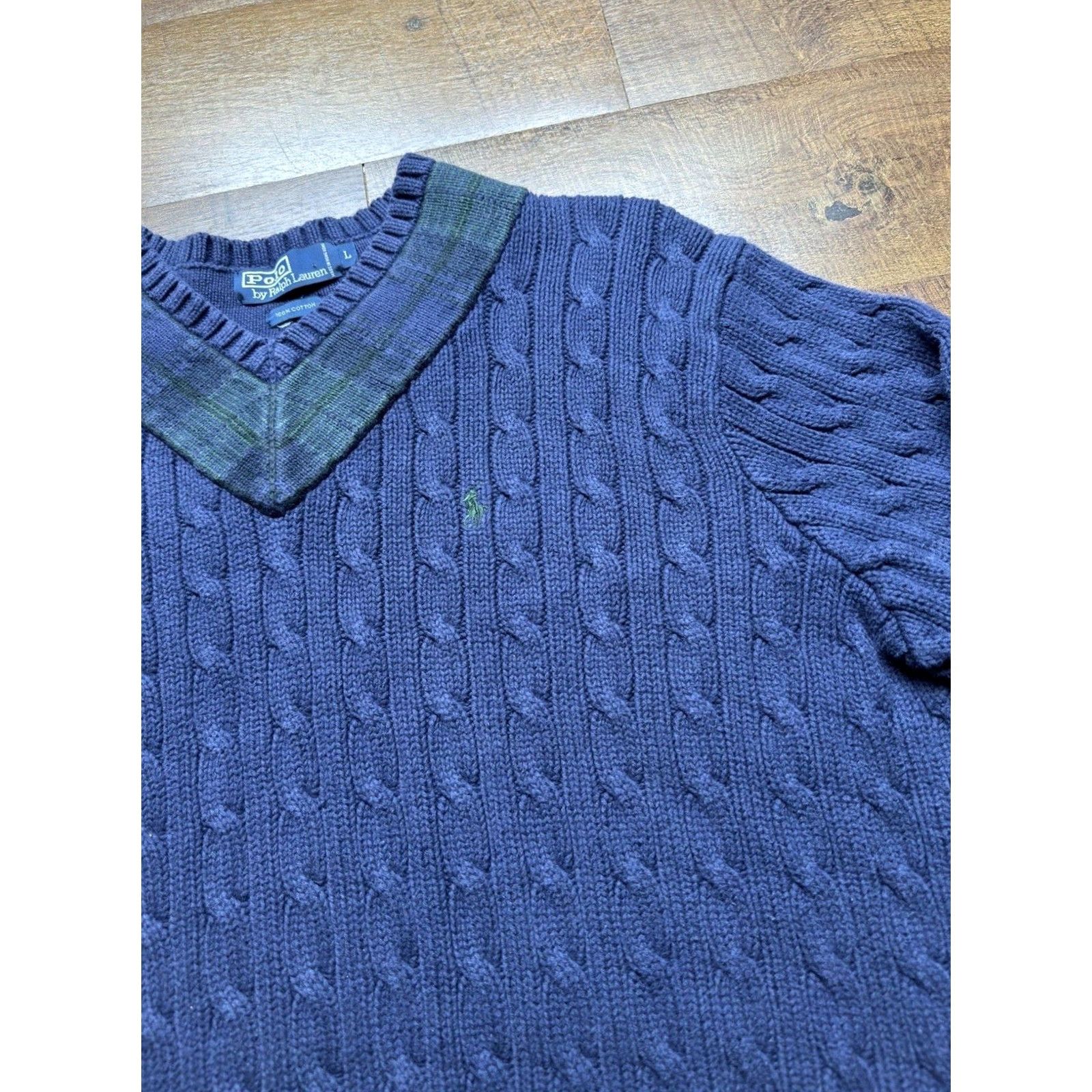 Ralph Lauren VTG Polo Ralph Lauren Cable Knit Cricket Sweater Navy Blue Plaid Collar Men's Large Size US L / EU 52-54 / 3 - 3 Thumbnail