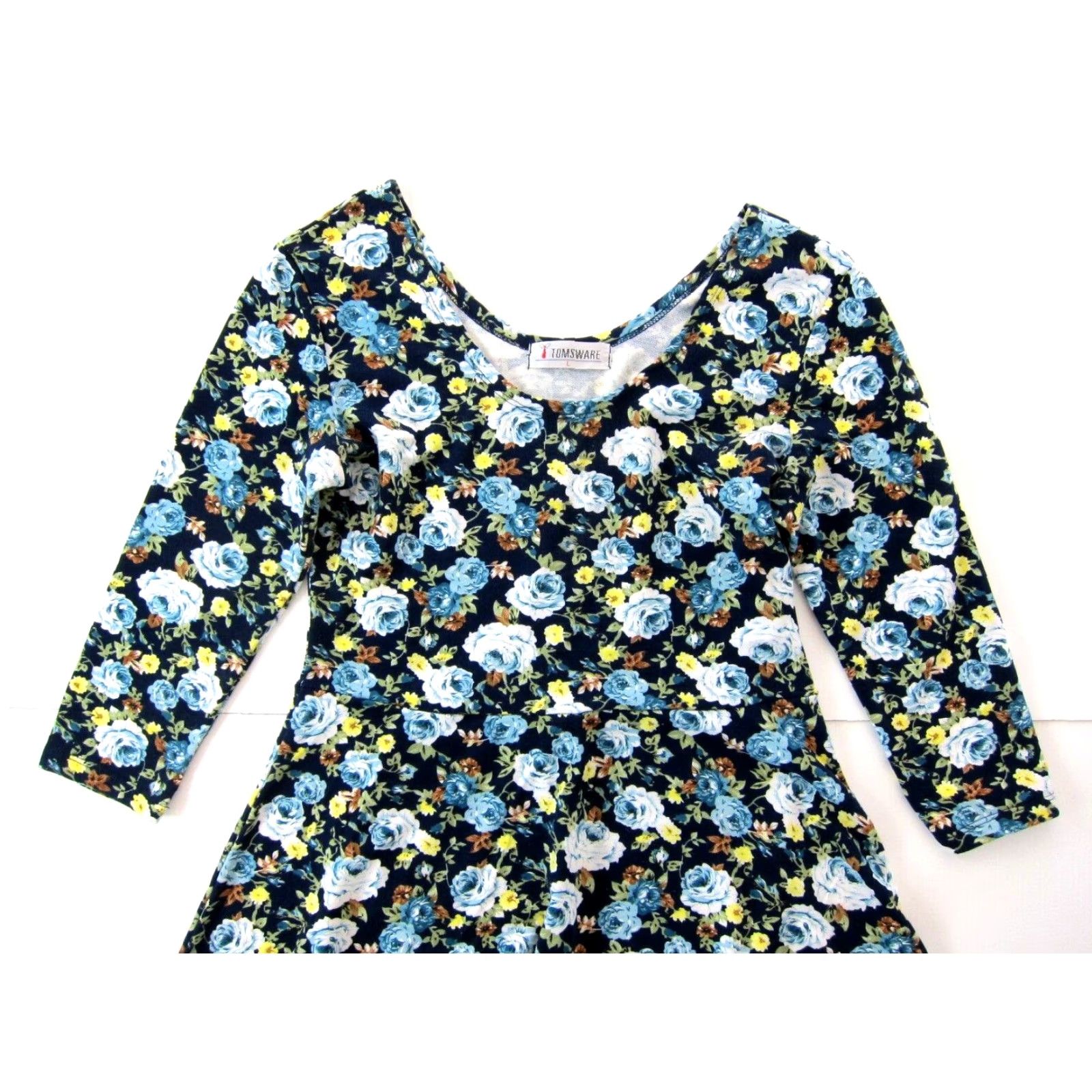 Vintage Tomsware Jersey Stretch Blue Yellow Floral 3/4 Sleeve Empire Waist Dress Large Size L / US 10 / IT 46 - 3 Thumbnail