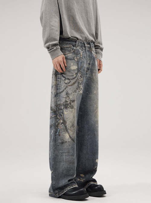 Japanese Brand × Jean Men's loose straight jeans with ink-splashed digital print Size US 32 / EU 48 - 2 Thumbnail