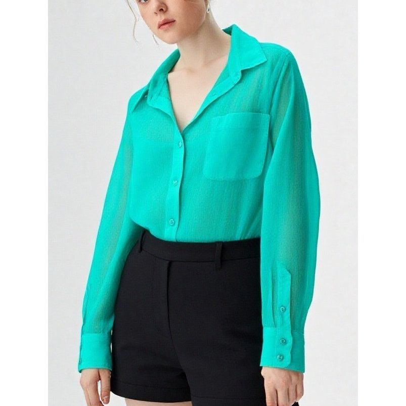 American Eagle Outfitters American Eagle Mint Green Chiffon Button Up Blouse MEDIUM Size M / US 6-8 / IT 42-44 - 2 Thumbnail
