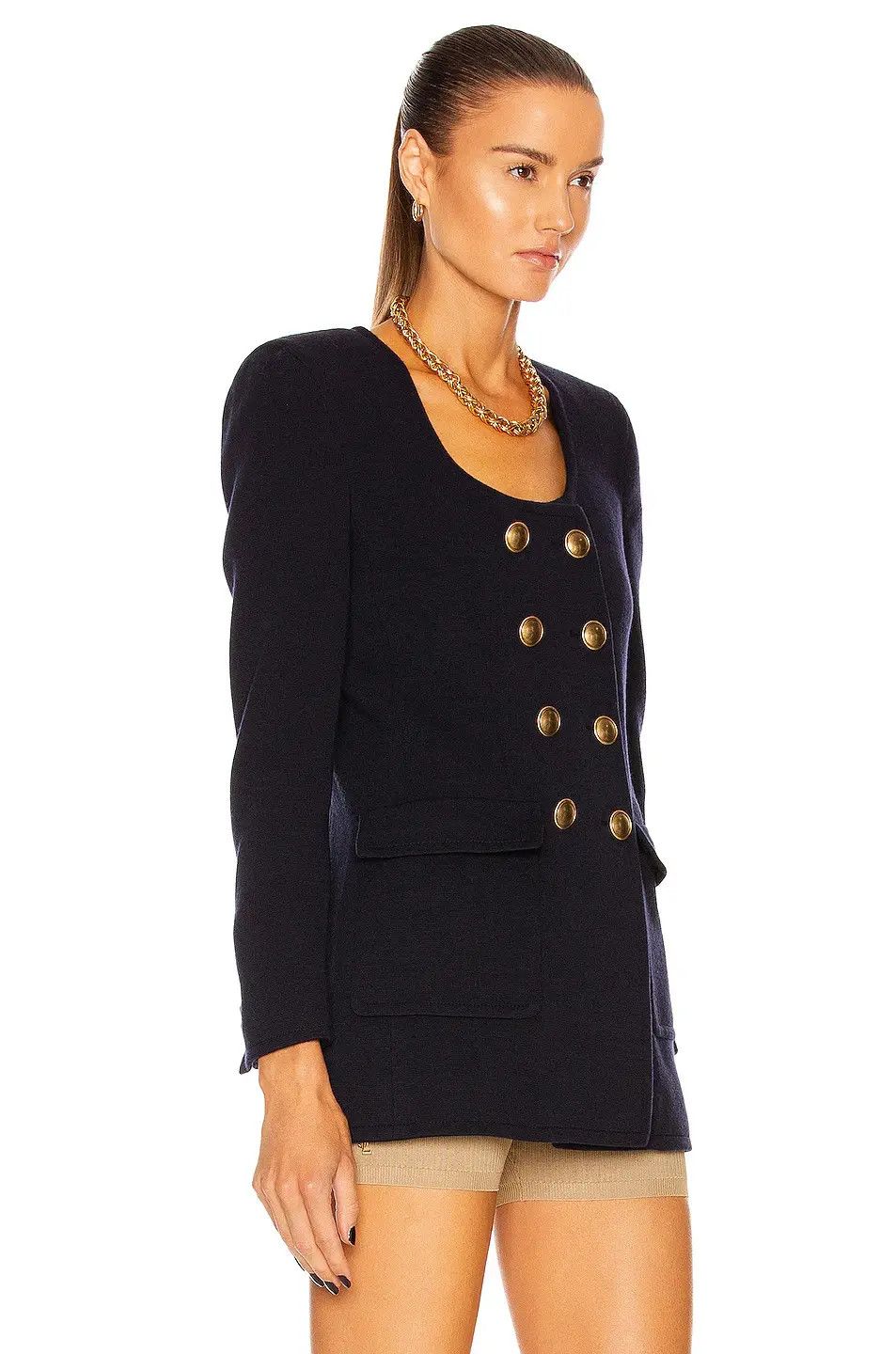 Saint Laurent Paris o1s1wg111224 Long U-Neck Jacket in Wool Jersey Marine Blue Size M / US 6-8 / IT 42-44 - 3 Thumbnail