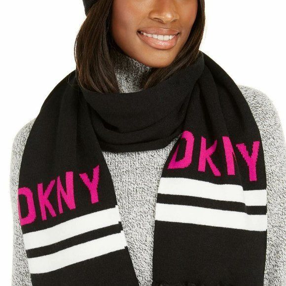 DKNY DKNY Logo Stadium Scarf With Tassel Fringe, Neon Pink, 8-1/2 Size ONE SIZE - 2 Thumbnail