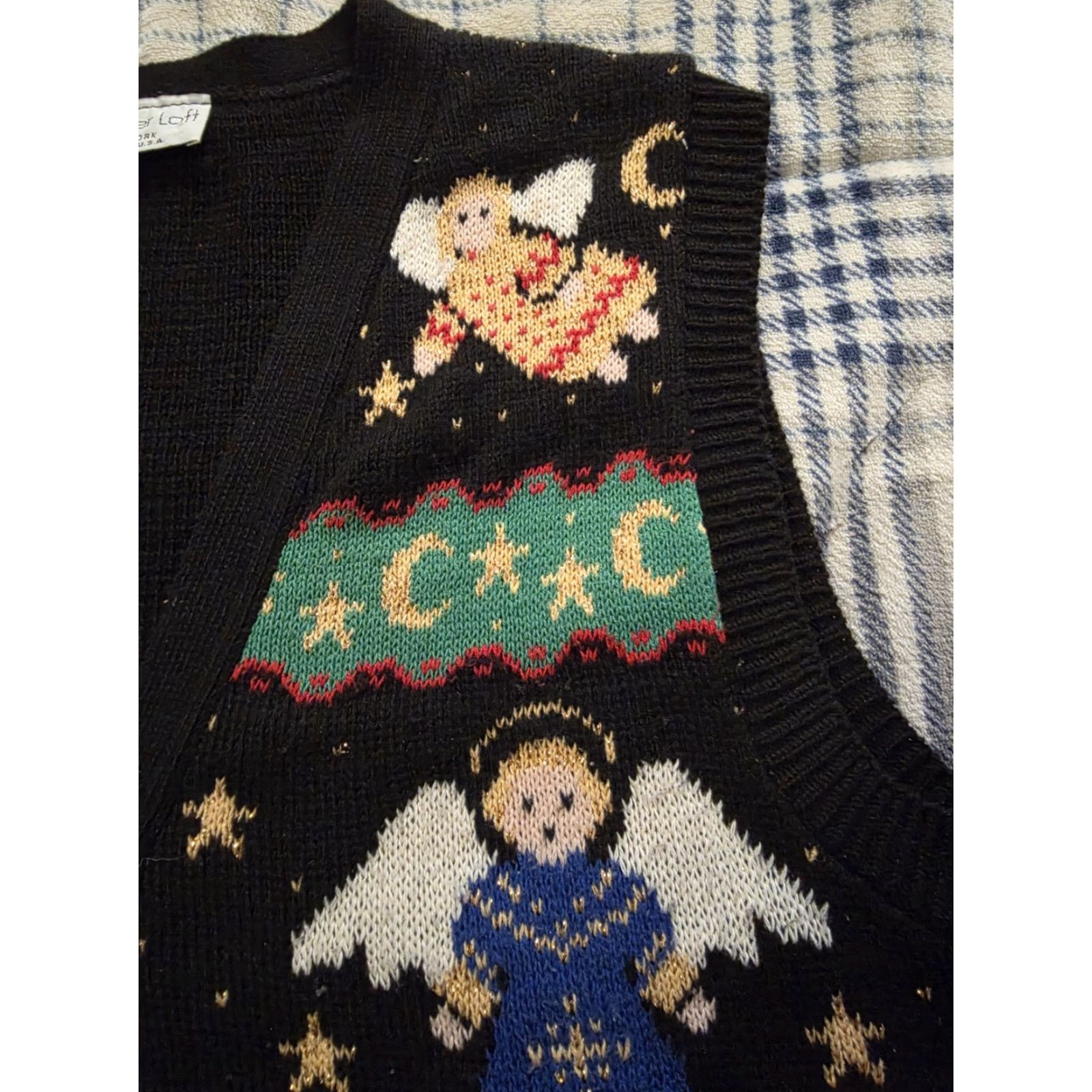Loft VINTAGE Sweater Loft Knit Cardigan Vest Womens M Black Sleeveless V-Neck Embroidered Button Christmas 90s Religion Casual Party/Cocktail Size M / US 6-8 / IT 42-44 - 3 Thumbnail