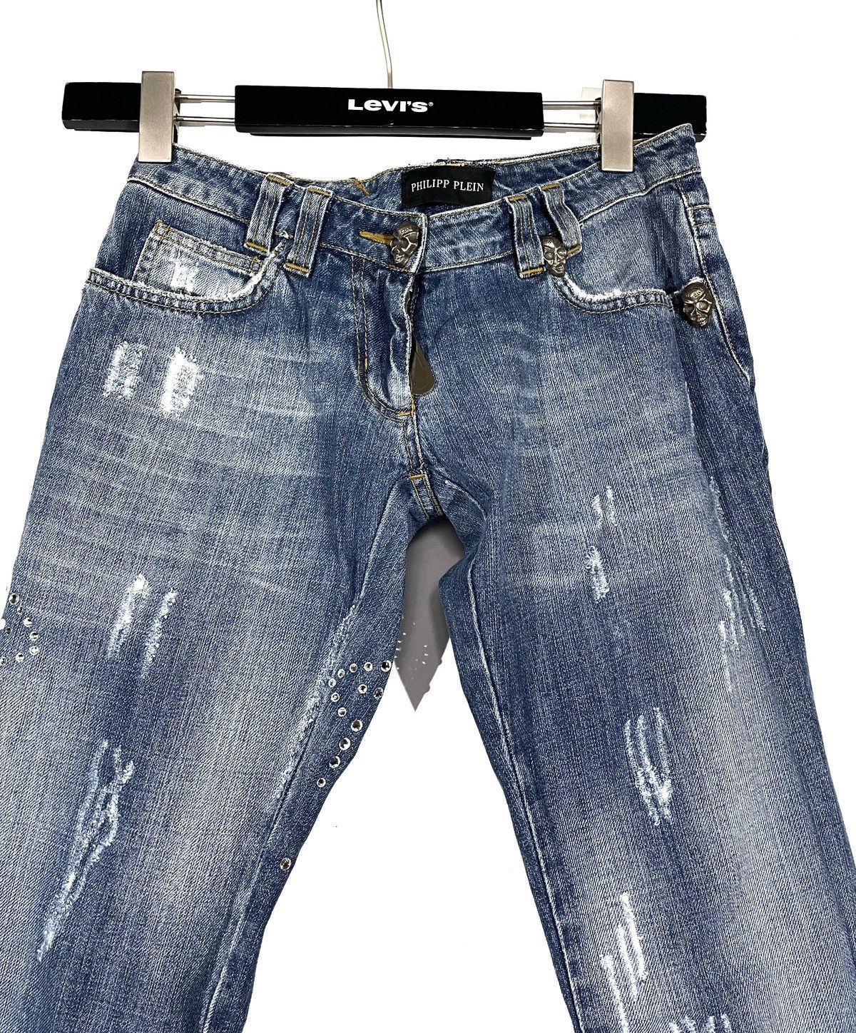 Philipp Plein Philipp Plein Women Y2K Blue Jeans Skull Stones Zip S-M Size 27" / US 4 / IT 40 - 2 Thumbnail