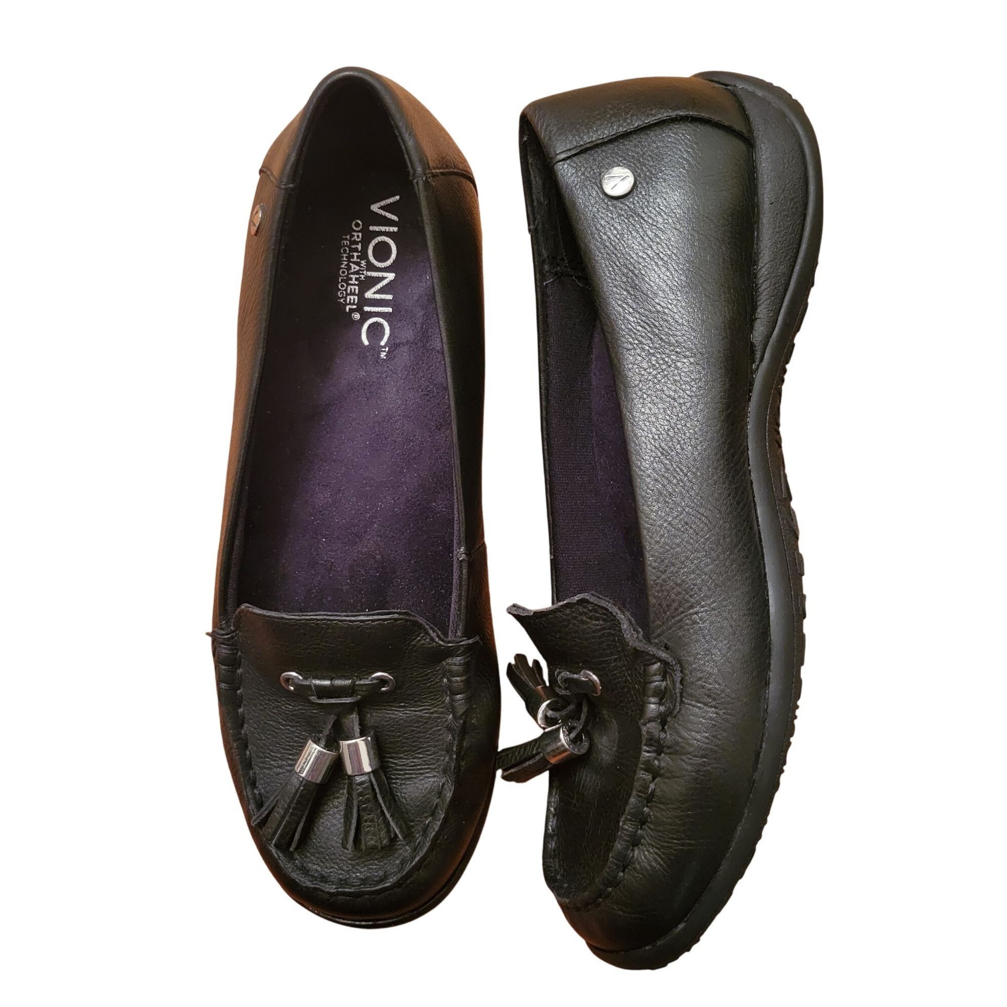 Vionic Abbie Orthotic Black Leather Loafers Comfort Shoes 6, Women's (Size 6.5)