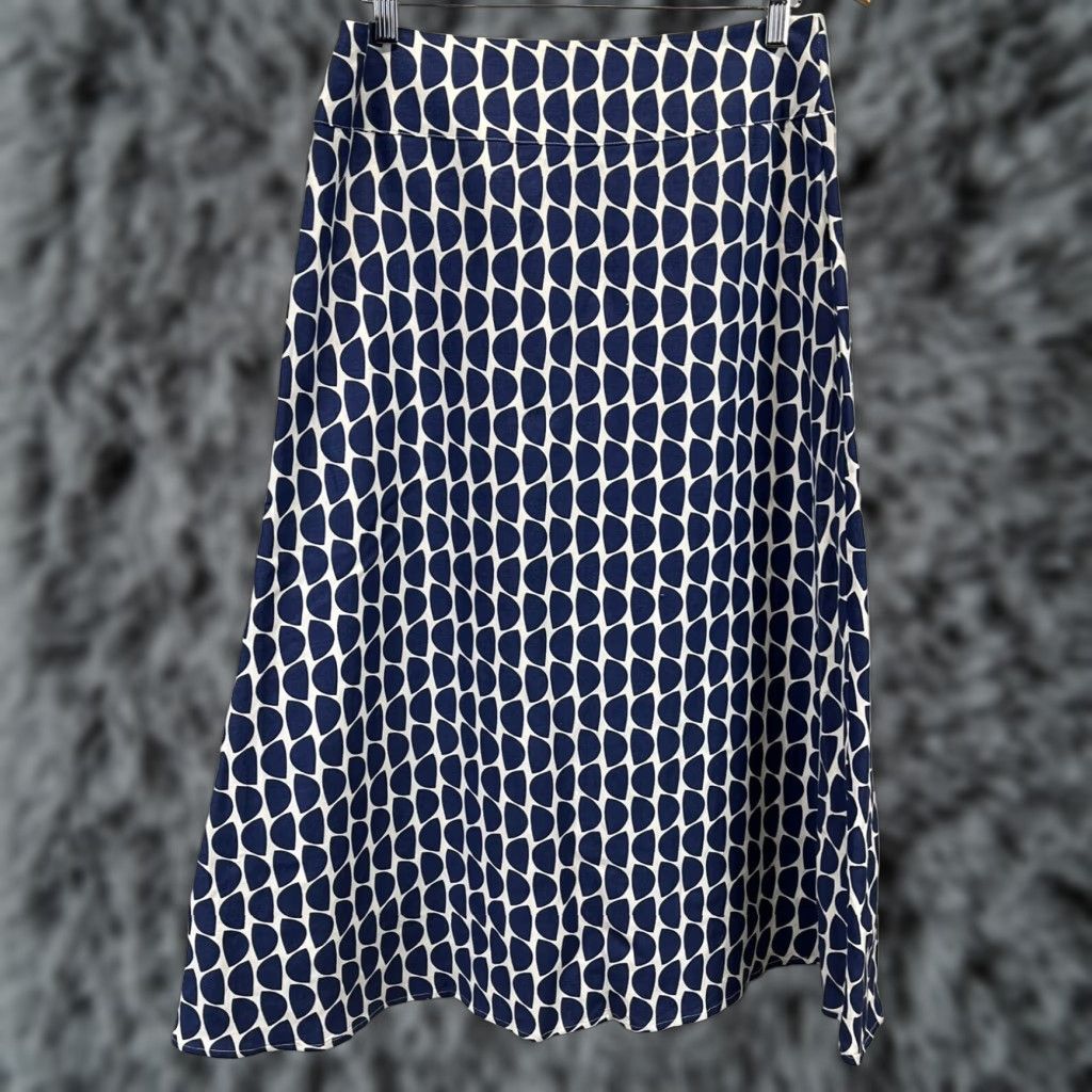 Vintage Lino USA Blue SemiCircle Pattern ALine Midi Skirt Womens Small Linen Blend Beach Summer Fall Size 28" / US 6 / IT 42 - 1 Thumbnail