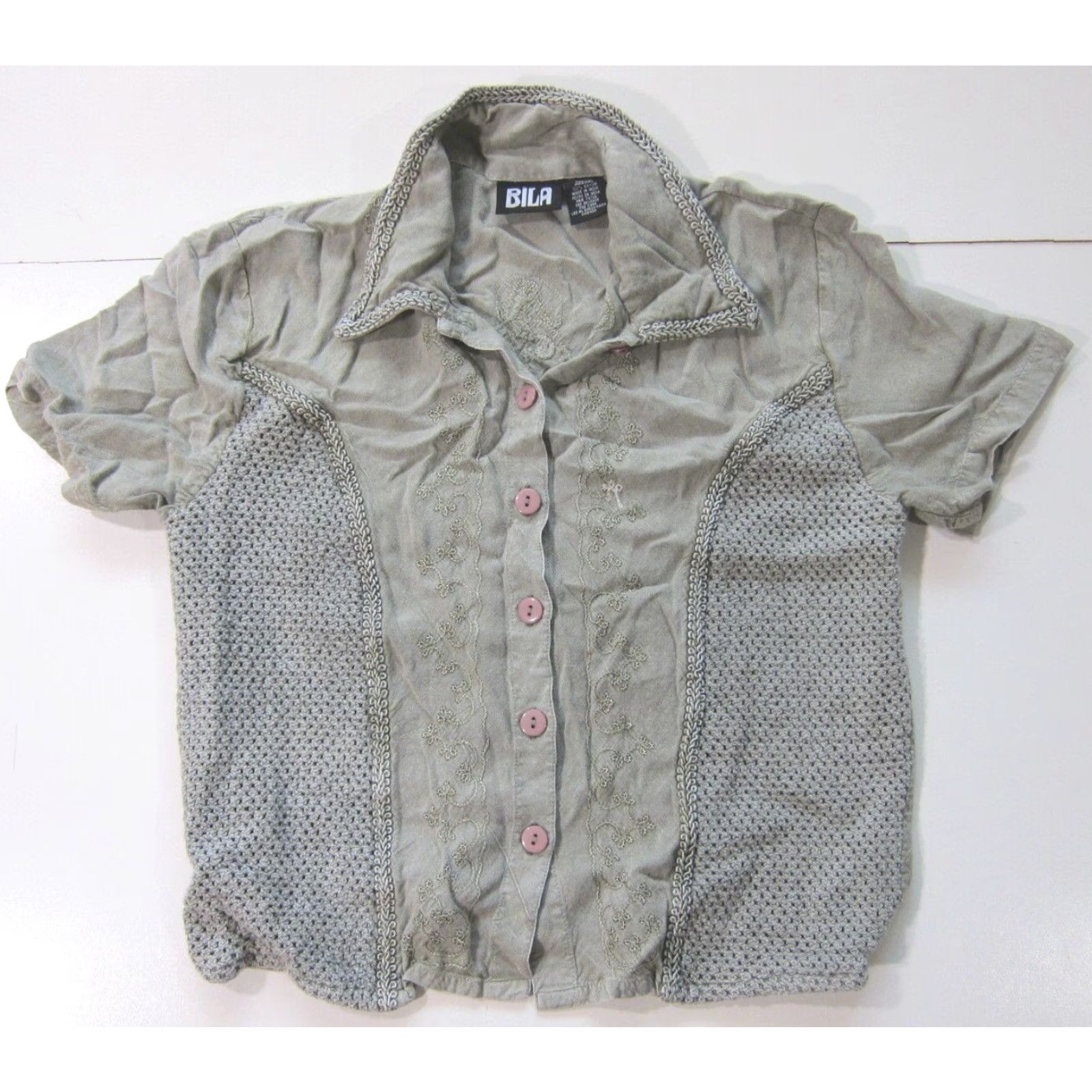 Vintage Bila 100% Rayon Green Embroidered Collared Button Down Short Sleeve Shirt Medium Size M / US 6-8 / IT 42-44 - 6 Thumbnail