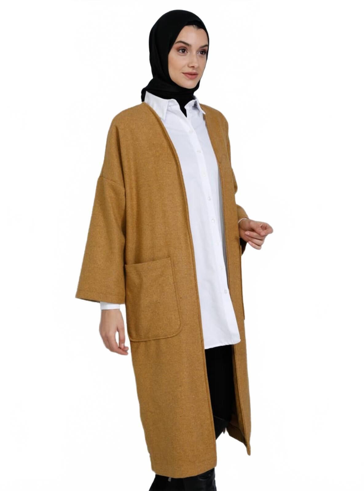 The Unbranded Brand Long Camel Open Front Cardigan Coat with Side Button Detail Size XXL / US 16-18 / IT 52-54 - 4 Thumbnail