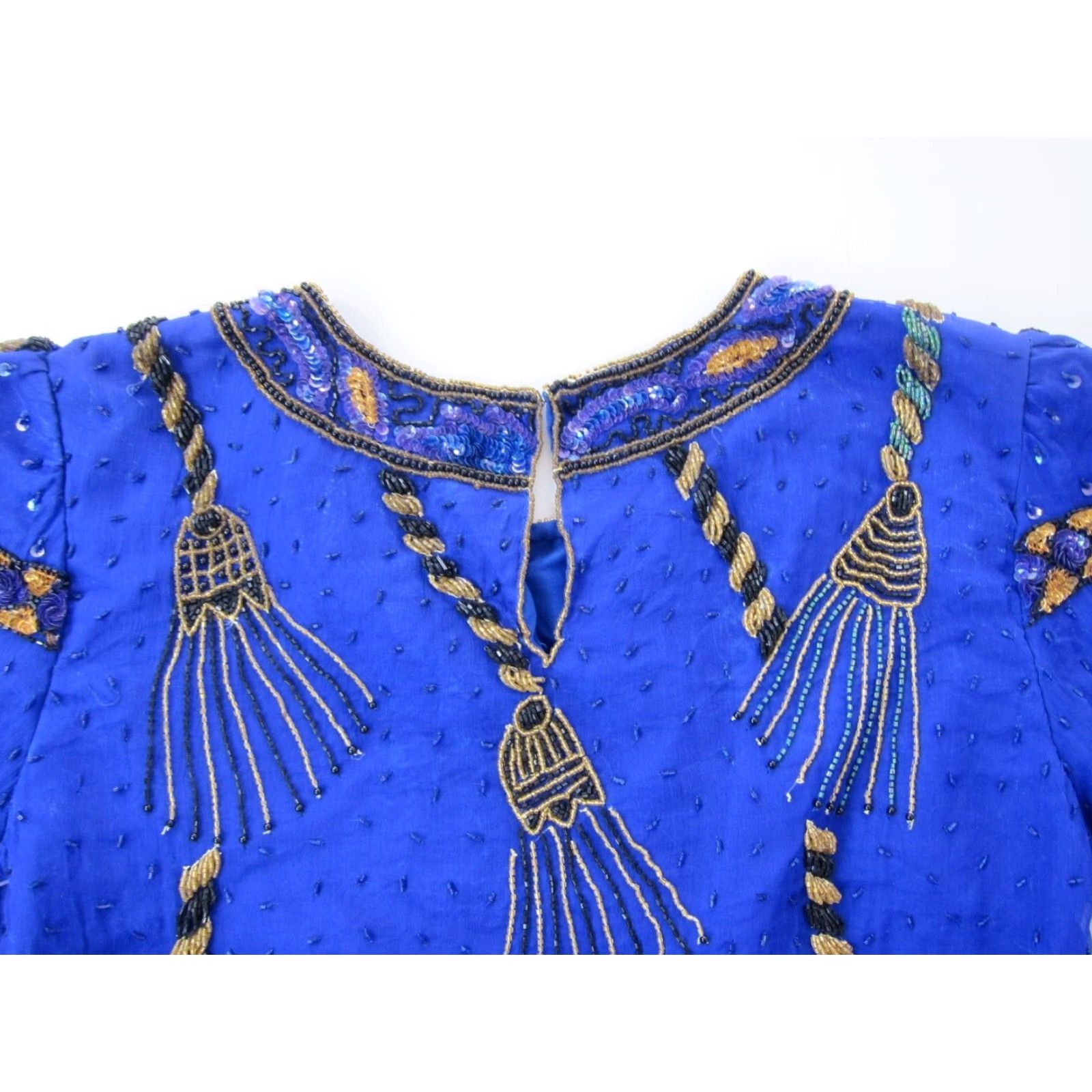 Vintage NWT Laurence Kazar 100% Silk Blue Gold Beaded Sequin Short Sleeve Blouse PS Size S / US 4 / IT 40 - 6 Thumbnail