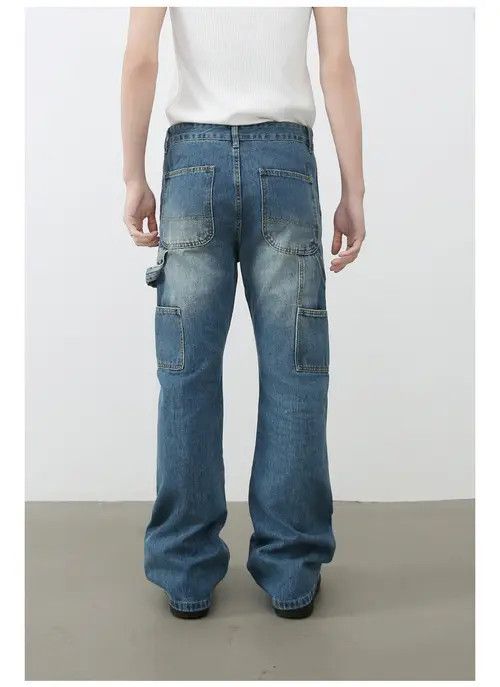 VIBE American retro men's washed loose straight flared work jeans Size US 32 / EU 48 - 5 Thumbnail