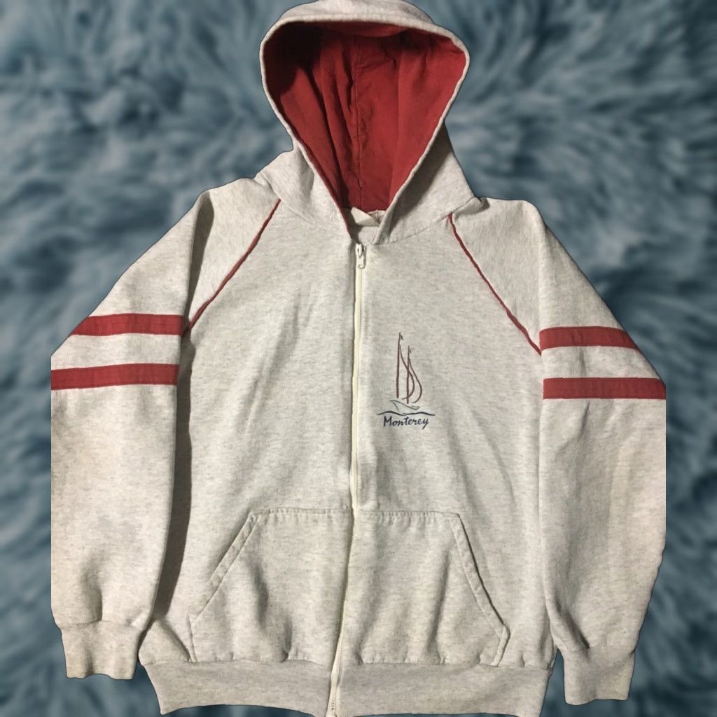 Nautica VINTAGE Nautical 80s Monterey Sailing faded Zip Hoodie M Gray Striped Surf Skate Beach Grunge USA 80s 90s Flashback Mens Zip Hoodie Size US M / EU 48-50 / 2 - 1 Thumbnail