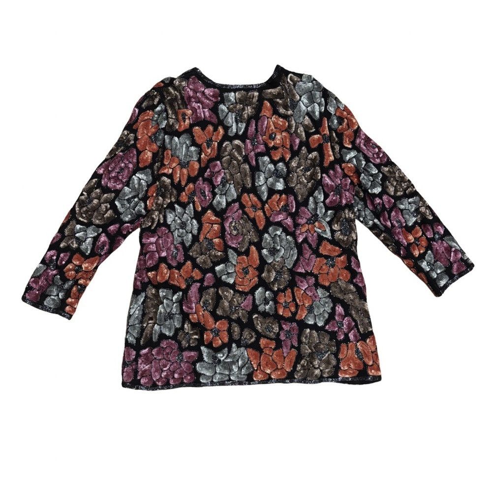 Vintage Vintage Frank Usher Beaded Silk Floral Patterned Cardigan Size L / US 10 / IT 46 - 2 Thumbnail