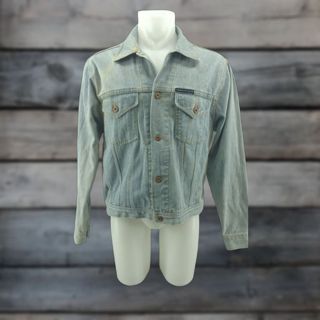 Tommy Hilfiger TOMMY HILFIGER Blue Jean Jacket Mens Size L Distressed Faded 100% Cotton Jean Jacket Size US 33 - 1 Thumbnail