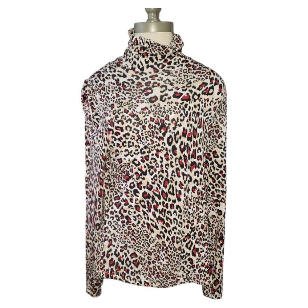 Elie Tahari CT1677 Tahari Red & Black Animal Print Mock Neck Top L Size L / US 10 / IT 46 - 1 Thumbnail