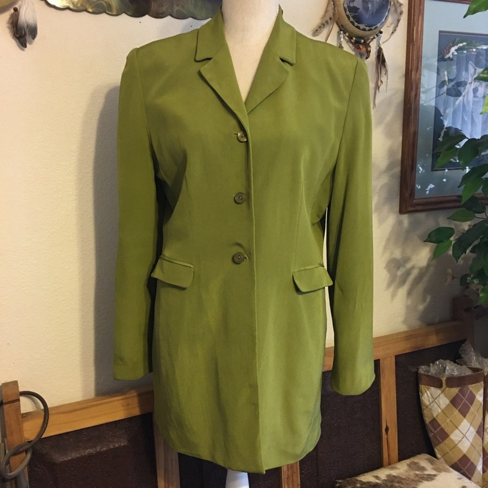 Vintage Vintage Larry Levine moss green silk long jacket Size L / US 10 / IT 46 - 1 Thumbnail